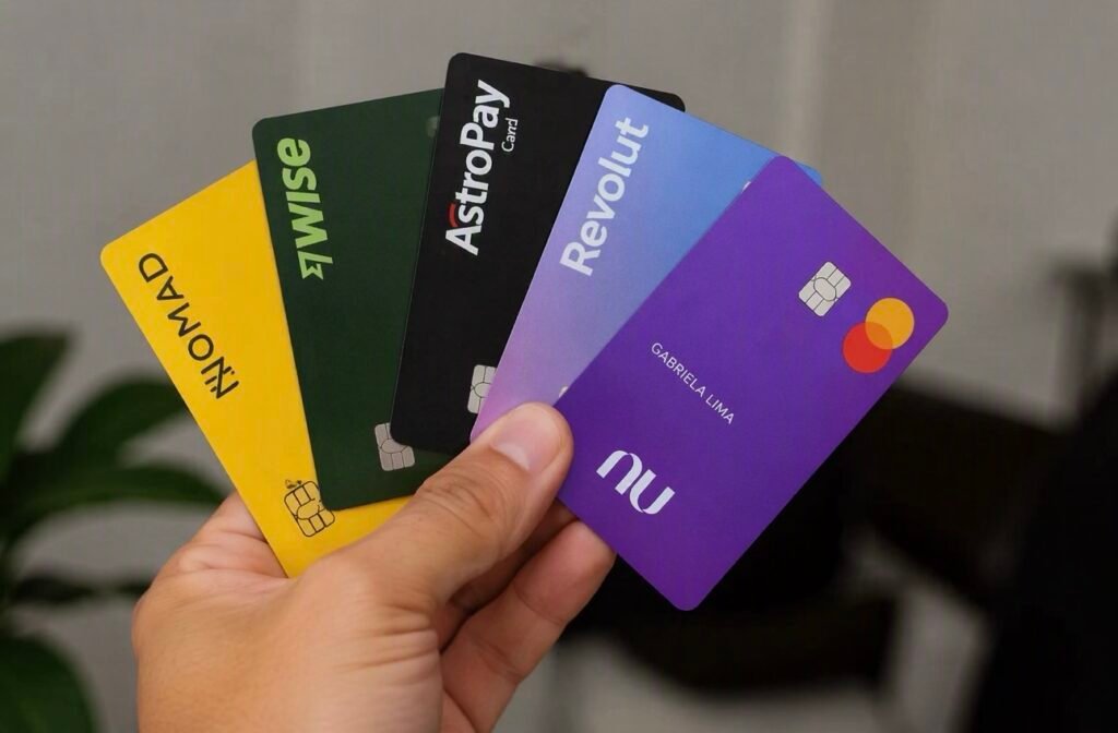 Mão segurando os cartēs globais Nomad, wise, revolut e nubank