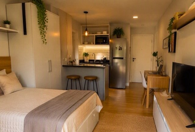 Apartamento pequeno, mobiliado com cama, tv, geladeira e plantas